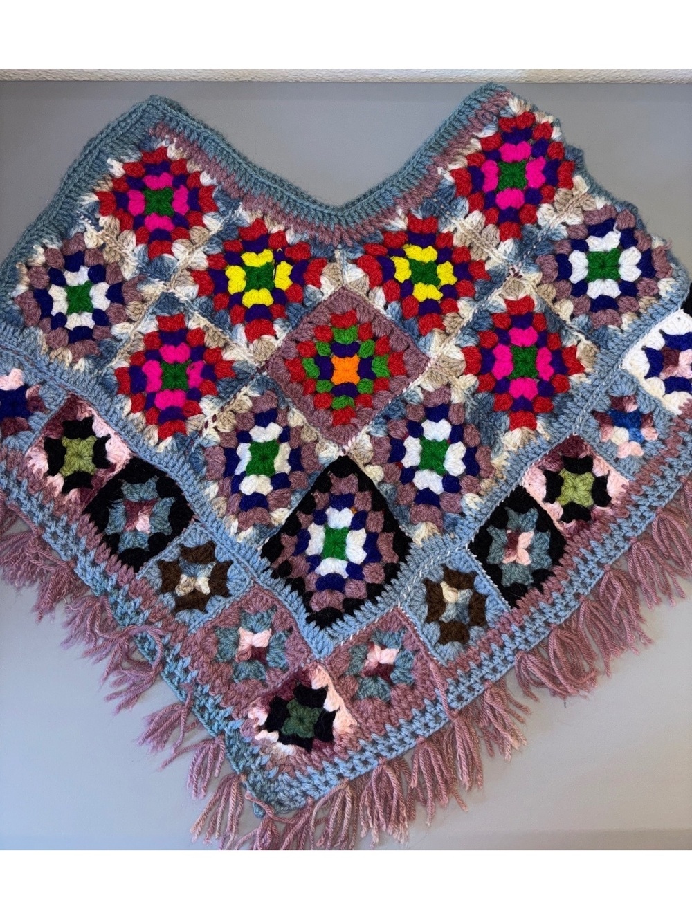 Handmade Crochet Granny Square Vest / Poncho with Fringe – Boho Vintage Style